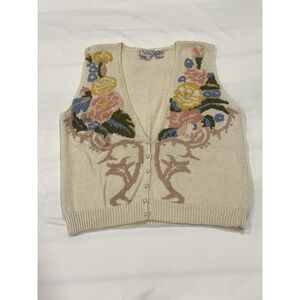 Vintage Woman Knit Vest Med Cotton Russ Studio Floral Cottagecore Boho Country